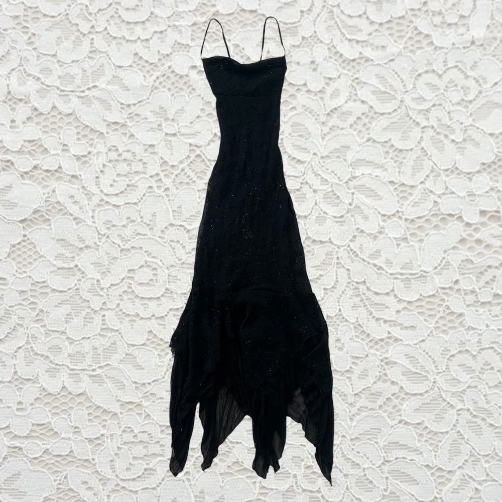 vintage charlotte russe black fairy goth cowl neck handkerchief hem dress